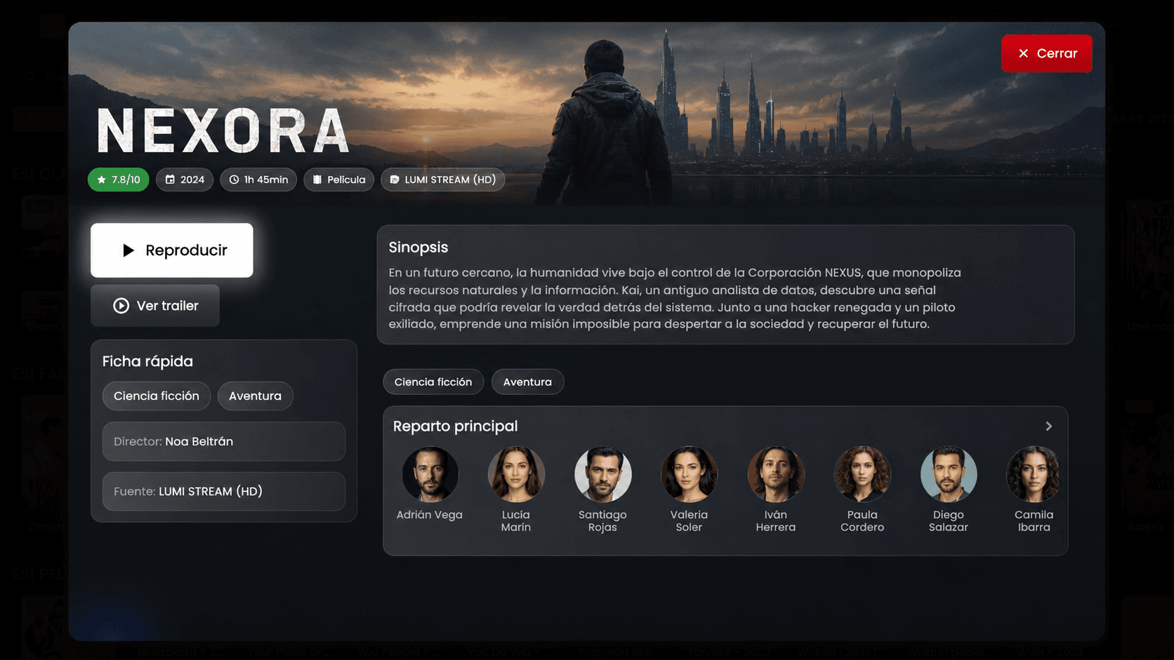 ZyvoCast movie detail modal with cast and synopsis